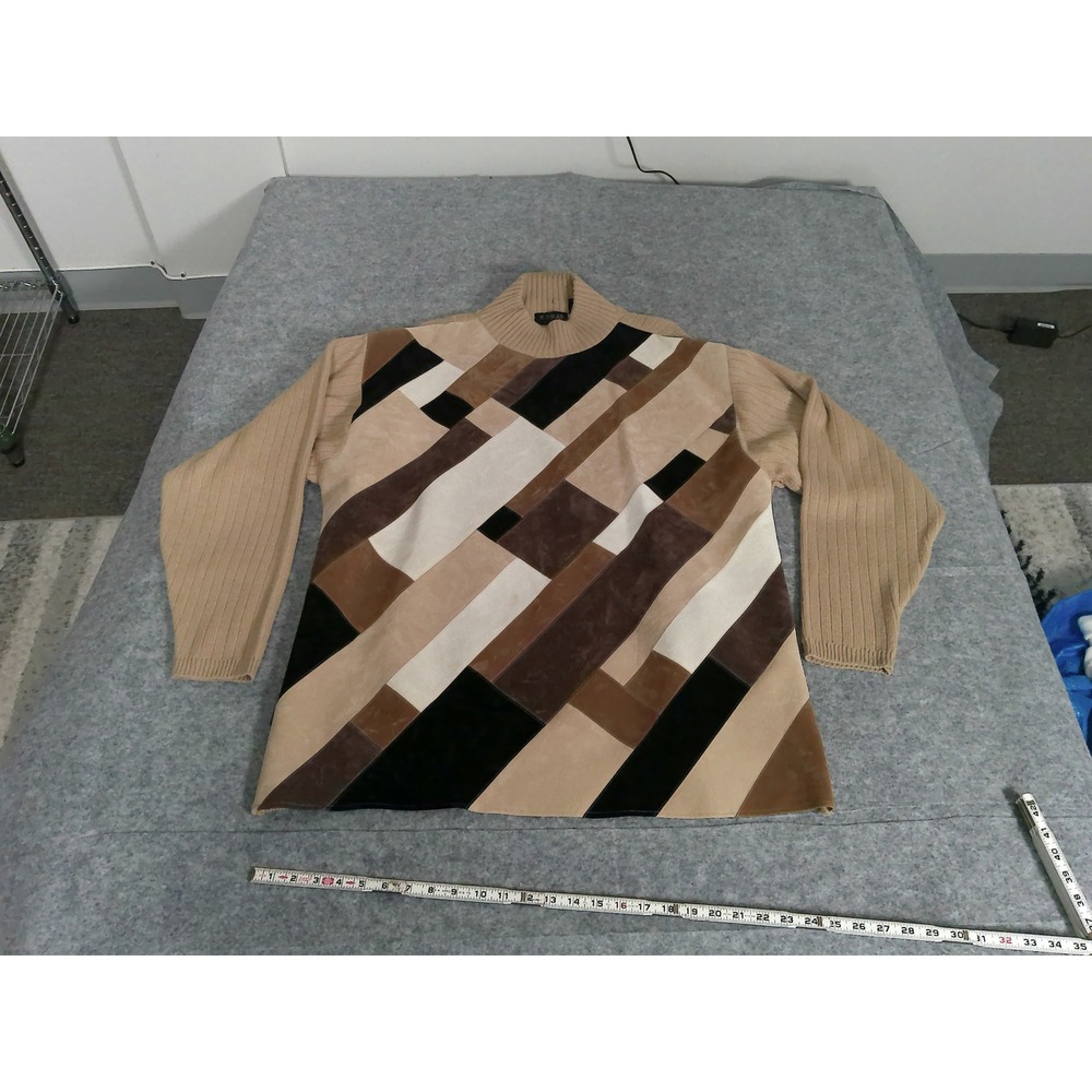 Koman Sport Vintage Geometric Patchwork Mock Neck Sweater Mens XXL Tan Brown